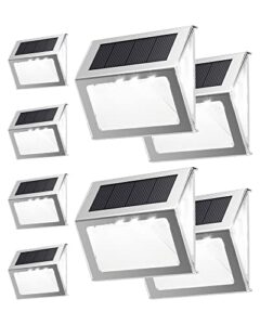 jackyled 7 led outdoor solar lights 8 pack, 3-side lighting solar fence lights, waterproof outside solar powered deck lights for garden backyard patio pathway step stair deck fence, cool white