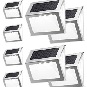 JACKYLED 7 LED Outdoor Solar Lights 8 Pack, 3-Side Lighting Solar Fence Lights, Waterproof Outside Solar Powered Deck Lights for Garden Backyard Patio Pathway Step Stair Deck Fence, Cool White