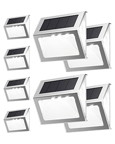 JACKYLED 7 LED Outdoor Solar Lights 8 Pack, 3-Side Lighting Solar Fence Lights, Waterproof Outside Solar Powered Deck Lights for Garden Backyard Patio Pathway Step Stair Deck Fence, Cool White