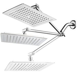 aquaspa giant 9-inch diagonal square rain shower head plus 11-inch solid brass angle adjustable extension arm. 121 jets with rub-clean nozzles. front and back all-chrome finish. sleek square design