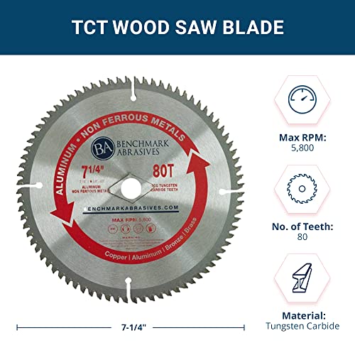Benchmark Abrasives 7-1/4" TCT Saw Blade with 5/8" Arbor, Circular Saw Blades for Cutting Plastic Aluminum Non-Ferrous Metals Fiberglass, Smooth Cutting ‎(7-1/4" - 80 Teeth)