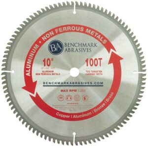 benchmark abrasives 10" tct saw blade with 5/8" arbor, circular saw blades for cutting plastic aluminum non-ferrous metals fiberglass, smooth cutting ‎(10" - 100 teeth)