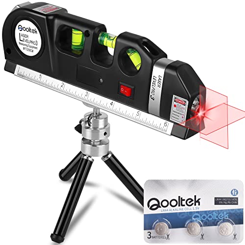 Laser Level, Qooltek Multipurpose Cross Line Laser 8 feet Measure Tape Ruler Adjusted Standard and Metric Rulers for hanging with Metal Tripod Stand(Black)