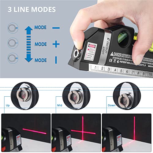 Laser Level, Qooltek Multipurpose Cross Line Laser 8 feet Measure Tape Ruler Adjusted Standard and Metric Rulers for hanging with Metal Tripod Stand(Black)