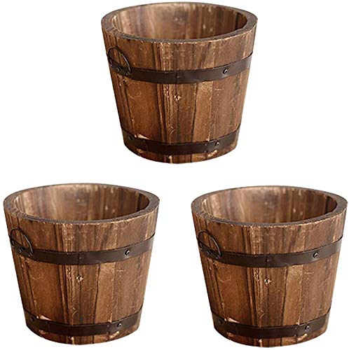 CoscosX 3 Pcs Rustic Wooden Bucket Flower Planter Patio Garden Backyard Planter Outdoor Indoor Home Decor