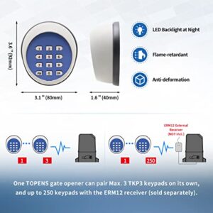 TOPENS TKP3 Wireless Keypad Keyless Entry Keypad Digital Code Panel Security Control for Automatic Swing Sliding Gate Opener Garage Door Opener, Remote Operator Accessory for Outdoor Use