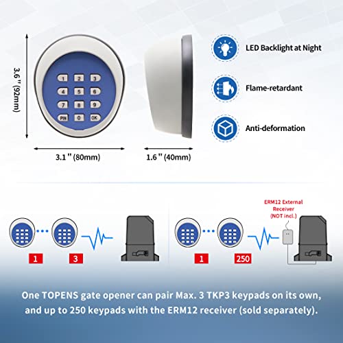 TOPENS TKP3 Wireless Keypad Keyless Entry Keypad Digital Code Panel Security Control for Automatic Swing Sliding Gate Opener Garage Door Opener, Remote Operator Accessory for Outdoor Use