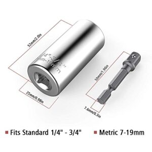 Fruholt Multi-function 7mm-19mm Ratchet Universal Sockets Metric Wrench Power Drill Adapter Set and 105 Degree Right Angle Extension Power Screwdriver Drill Attachment 1/4" Drive 6mm Hex Magnetic Bit