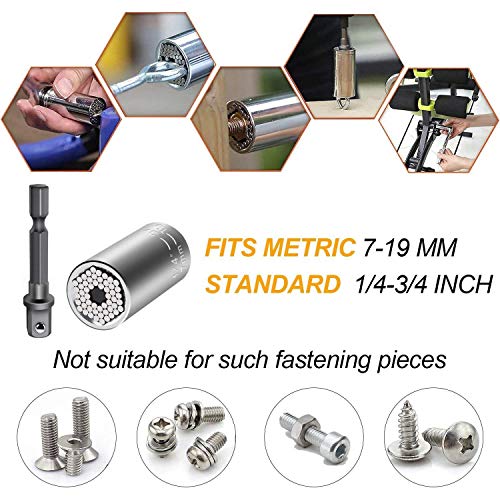 Fruholt Multi-function 7mm-19mm Ratchet Universal Sockets Metric Wrench Power Drill Adapter Set and 105 Degree Right Angle Extension Power Screwdriver Drill Attachment 1/4" Drive 6mm Hex Magnetic Bit