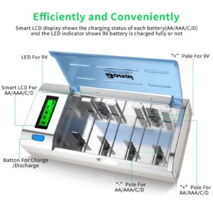 BONAI LCD Smart Battery Charger for C D AA AAA 9V NiMH NiCD Rechargeable Batteries with Refresh Function