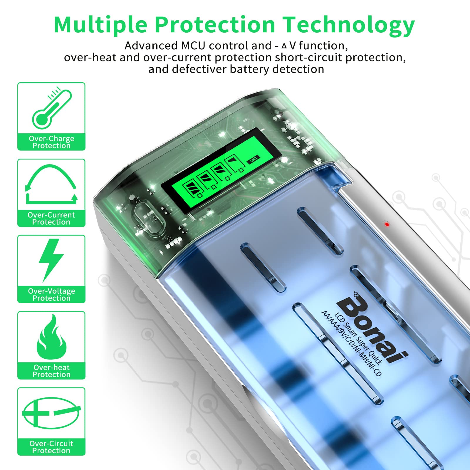 BONAI LCD Smart Battery Charger for C D AA AAA 9V NiMH NiCD Rechargeable Batteries with Refresh Function