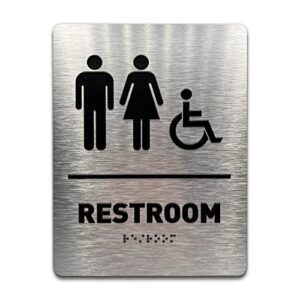 unisex/wheelchair bathroom sign by gds - ada compliant, wheelchair accessible, raised icons, & grade 2 braille - includes adhesive strips for easy installation - 6" w x 8" h (brushed aluminum)