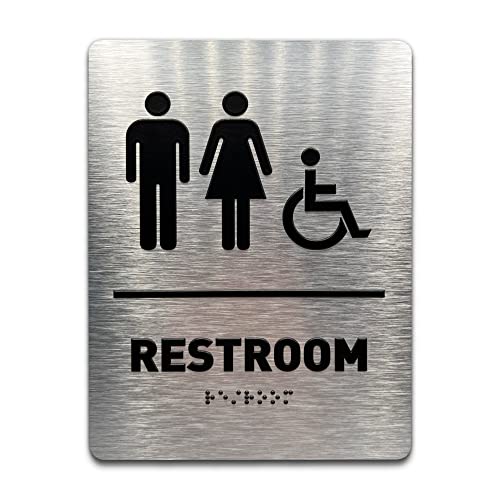 Unisex/Wheelchair Bathroom Sign by GDS - ADA Compliant, Wheelchair Accessible, Raised Icons, & Grade 2 Braille - Includes Adhesive Strips for Easy Installation - 6" W x 8" H (Brushed Aluminum)