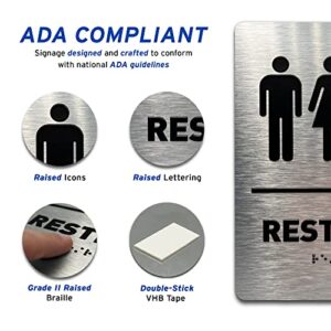 Unisex/Wheelchair Bathroom Sign by GDS - ADA Compliant, Wheelchair Accessible, Raised Icons, & Grade 2 Braille - Includes Adhesive Strips for Easy Installation - 6" W x 8" H (Brushed Aluminum)