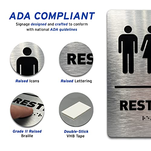 Unisex/Wheelchair Bathroom Sign by GDS - ADA Compliant, Wheelchair Accessible, Raised Icons, & Grade 2 Braille - Includes Adhesive Strips for Easy Installation - 6" W x 8" H (Brushed Aluminum)