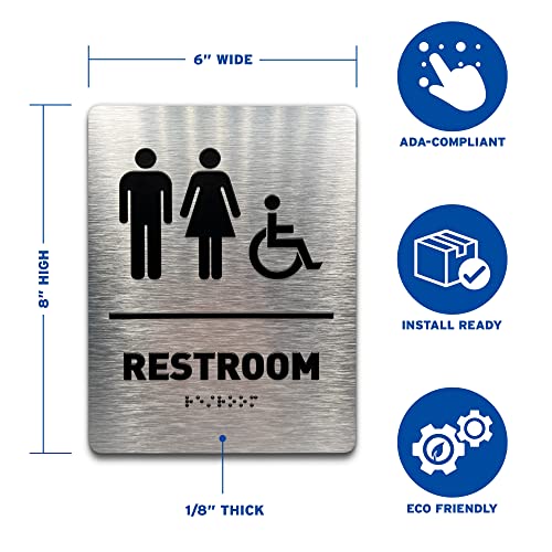 Unisex/Wheelchair Bathroom Sign by GDS - ADA Compliant, Wheelchair Accessible, Raised Icons, & Grade 2 Braille - Includes Adhesive Strips for Easy Installation - 6" W x 8" H (Brushed Aluminum)