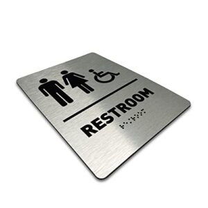 Unisex/Wheelchair Bathroom Sign by GDS - ADA Compliant, Wheelchair Accessible, Raised Icons, & Grade 2 Braille - Includes Adhesive Strips for Easy Installation - 6" W x 8" H (Brushed Aluminum)