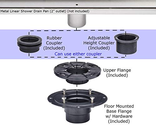 Shower Drain Base with Adjustable Ring + Rubber Coupler for Linear Shower Drain Installation