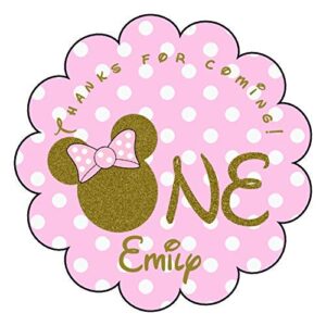 pink and gold mouse stickers personalized, printed and shipped set of 24 mouse first birthday stickers