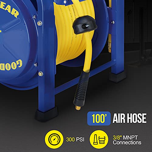 Goodyear Air Hose Reel Retractable 3/8" Inch x 100 Feet 300 Psi / 20 Bar Spring Driven Steel Elite Portable Quad Pod Heavy Duty Industrial Longest Premium Commercial Flex Hybrid Polymer