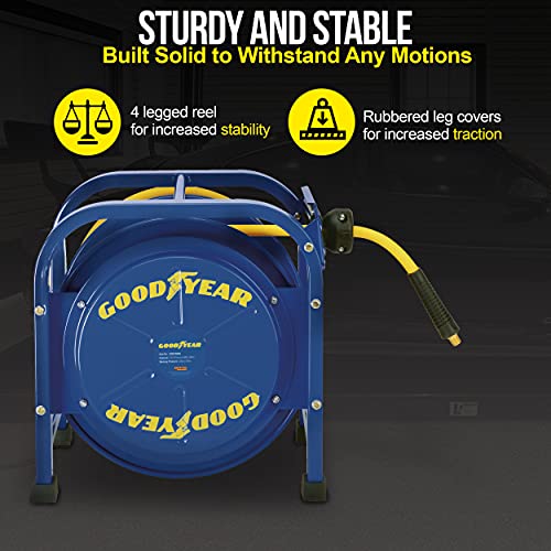 Goodyear Air Hose Reel Retractable 3/8" Inch x 100 Feet 300 Psi / 20 Bar Spring Driven Steel Elite Portable Quad Pod Heavy Duty Industrial Longest Premium Commercial Flex Hybrid Polymer