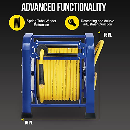 Goodyear Air Hose Reel Retractable 3/8" Inch x 100 Feet 300 Psi / 20 Bar Spring Driven Steel Elite Portable Quad Pod Heavy Duty Industrial Longest Premium Commercial Flex Hybrid Polymer