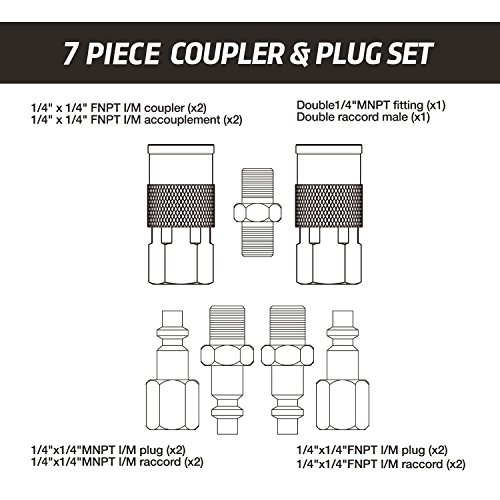 WYNNsky Air Coupler and Plug Kit, 1/4 Inch NPT Air Fittings Industrial Type, 7 Piece Air Compressor Accessories Kit