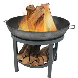 sunnydaze 30-inch cast iron round fire pit bowl with built-in log rack - wood burning