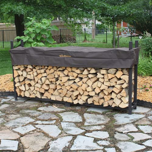 Woodhaven 10 Foot Brown Outdoor Firewood Rack With Optional Seasoning Cover - Made In USA - Holds 1/2 Plus Cord Of Firewood And Logs - Brown UV-Stable Powder Coat Finish (Cover)