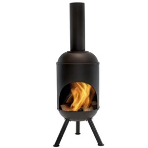 sunnydaze 5-foot black cold-rolled steel modern chiminea with durable wood grate - heat-resistant paint finish