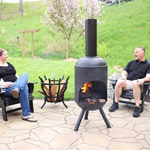 Sunnydaze 5-Foot Black Cold-Rolled Steel Modern Chiminea with Durable Wood Grate - Heat-Resistant Paint Finish