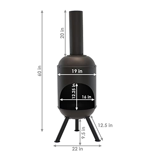 Sunnydaze 5-Foot Black Cold-Rolled Steel Modern Chiminea with Durable Wood Grate - Heat-Resistant Paint Finish