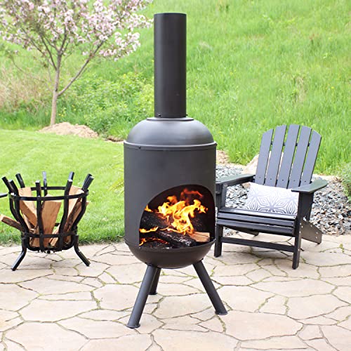 Sunnydaze 5-Foot Black Cold-Rolled Steel Modern Chiminea with Durable Wood Grate - Heat-Resistant Paint Finish