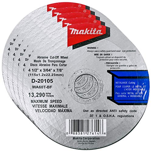 Makita 5 Pack - 4.5" Cut Off Wheels For 4.5" Grinders - Aggressive Cutting For Metal & Stainless Steel/INOX - 4-1/2" x .045" x 7/8-Inch