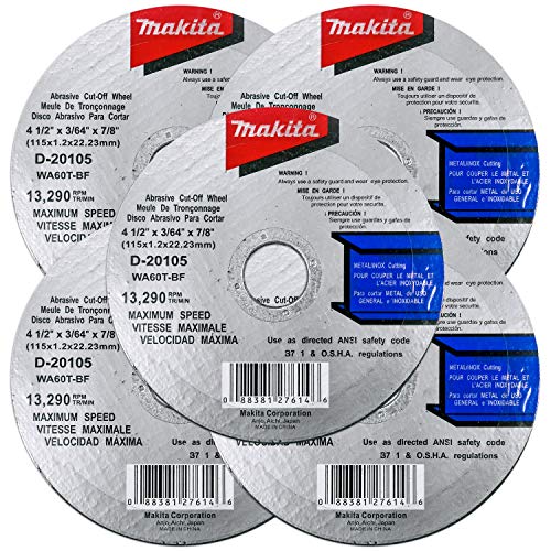 Makita 5 Pack - 4.5" Cut Off Wheels For 4.5" Grinders - Aggressive Cutting For Metal & Stainless Steel/INOX - 4-1/2" x .045" x 7/8-Inch