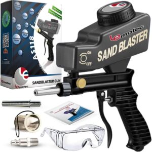 le lematec sand blaster gun kit for air compressor, paint/rust remover for metal, wood & glass etching, up to 150 psi blasting media for aluminum, sand, walnut shells & soda blaster, black (as118)