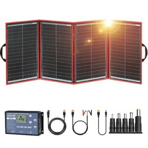 dokio 220w 18v portable foldable solar panel kit (29x21inch,11.7lb) solar charger with controller 2 usb output to charge 12v batteries/power station (agm, lifepo4) rv camping trailer emergency power……