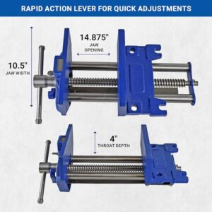 Yost Vises M10WW Rapid Action Woodworking Vise | Quick Release Lever for Quick Adjustments | 10 Inch Jaw Width | Made with Heavy-Duty Cast Iron | Blue