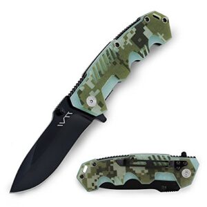 bgt folding pocket knife 3.4 inch black blade and lightweight g10 handle survival tool knives carry velvet bag, sharpener (camo)