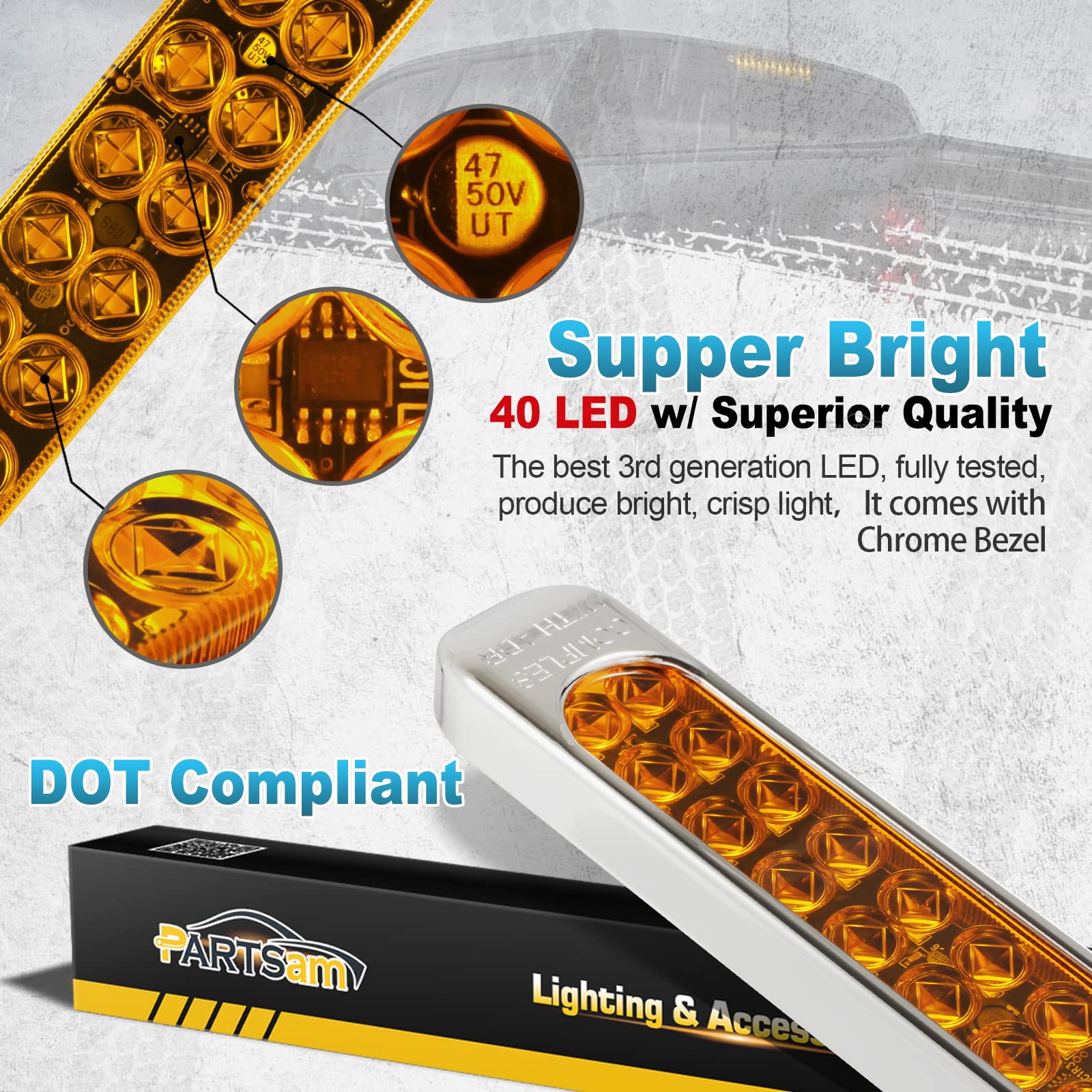 Partsam Submersible 17" Inch Thin Amber Led Turn Signal Light Bar 40 LED Sealed Utility Trailer Truck RV Led Marker Clearance Identification Light Bar w/Chrome Bezel DOT Compliant (Pack of 2)