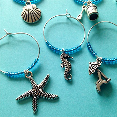 Beach Themed Wine Charms, Gift for Beach Lover, beach themed, beach Vacation, Summer at the Shore, Set of 8. AQUA BEADS.