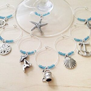 Beach Themed Wine Charms, Gift for Beach Lover, beach themed, beach Vacation, Summer at the Shore, Set of 8. AQUA BEADS.