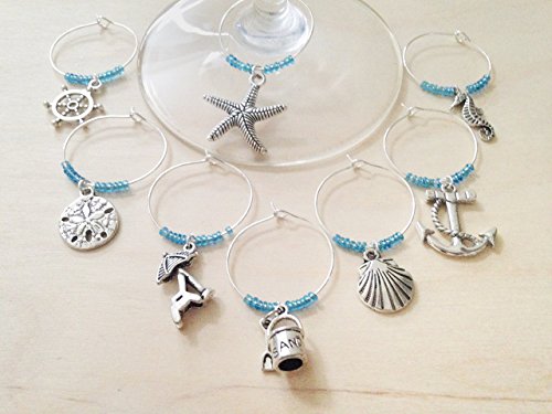 Beach Themed Wine Charms, Gift for Beach Lover, beach themed, beach Vacation, Summer at the Shore, Set of 8. AQUA BEADS.