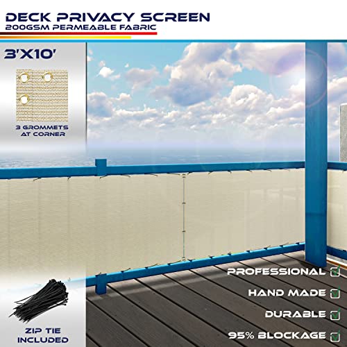 Windscreen4less 3'x10' Deck Balcony Privacy Screen for Deck Pool Fence Railings Apartment Balcony Privacy Screen for Patio Yard Porch Chain Link Fence Condo with Zip Ties Beige