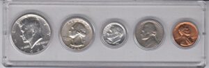 1964 birth year coin set (5) coins half dollar, quarter, dime, nickel, and cent all dated 1964 and encased in a plastic display holder choice uncirculated