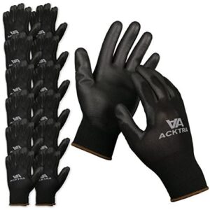 acktra ultra-thin pu safety work gloves 12 pairs, wg002 black/black, large