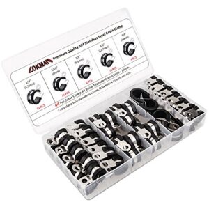 cable clamps assortment kit, lokman 44 pieces stainless steel rubber cushion pipe clamps assorted in 5 size 1/4'' 5/16'' 3/8'' 1/2'' 5/8'', come with durable pp storage case with chart
