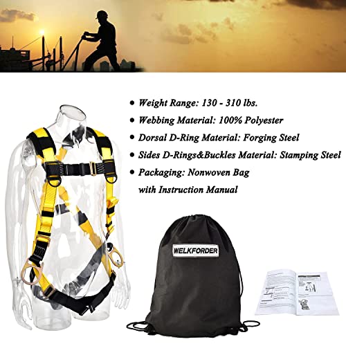 WELKFORDER 3D-Ring Industrial Fall Protection Safety Harness ANSI/ASSE Z359.11-2014 Compliant Full Body Personal Protection Equipment 5-Point Adjustment Universal 310 lbs
