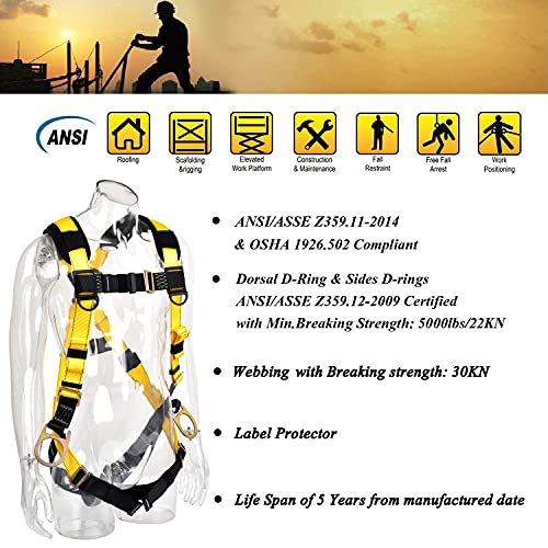 WELKFORDER 3D-Ring Industrial Fall Protection Safety Harness ANSI/ASSE Z359.11-2014 Compliant Full Body Personal Protection Equipment 5-Point Adjustment Universal 310 lbs