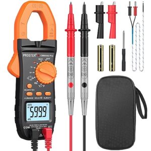 proster digital clamp meter trms 6000counts, 800a dc ac current ac/dc voltage ncv continuity capacitance resistance frequency diode hz test, with1 pairtest leads 1 pair alligator clips